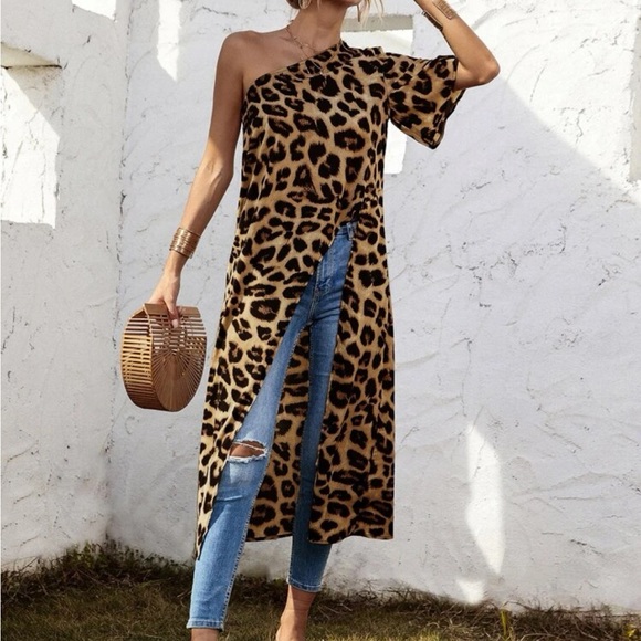 One Shoulder Leopard Print Asymmetrical High Low Tunic Top Blouse Shirt - Picture 5 of 7